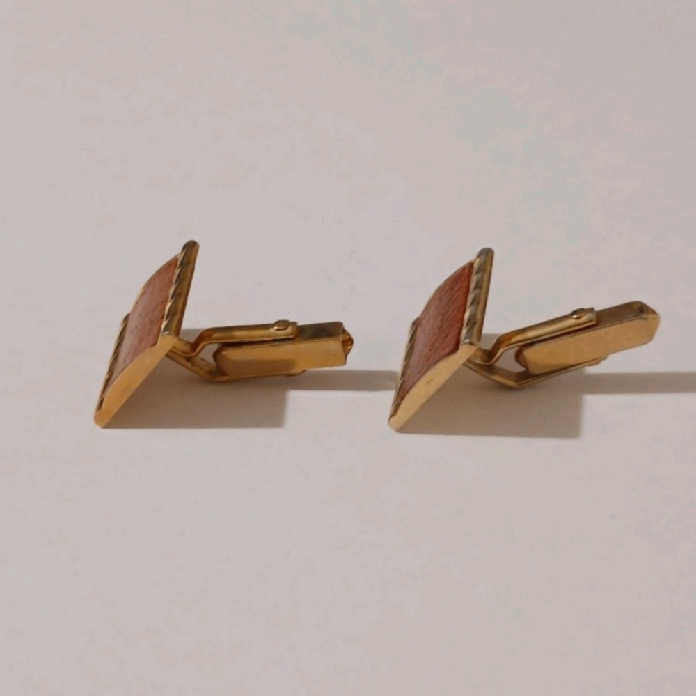 VTG Swank Gold Tone Rectangular Cufflinks Brown Faux Leather Inlay MCM Retro - Picture 2 of 9